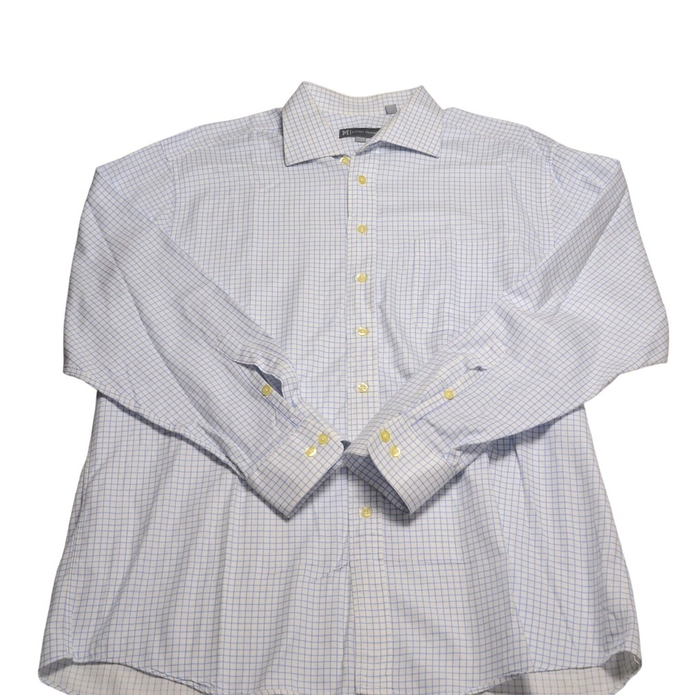 Hickey Freeman Dress Shirt Men's Blue White Check‎ Cotton Button Down Long Slv